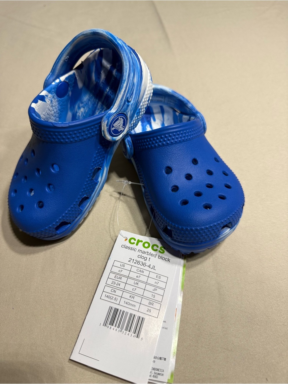 Crocs Classic Marbled Block Clog Kids Size 7 C7 Blue White Slip On Shoes NWT